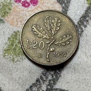 🇮🇹 1957 Italy 20 Lire — Republic of Italy — Bronzital — Ceres / Oak Leaves